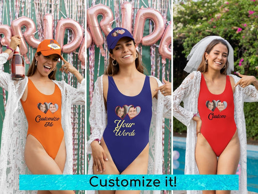 Personalize Bachelorette Party Bride Squad with Hearts Swimsuit Women Photo Face Bride Swimwear Pool Beach Bathing Swim Squad Party Outfit
