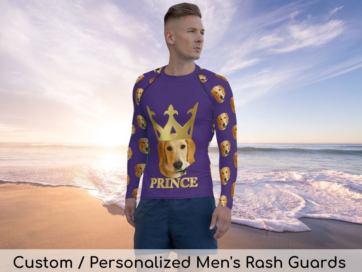 Custom Man Rash Guards with Cat- Dog, Pets, Crown Photo, Athletic Workout, Activewear, Personalized Gift for Men - Boyfriend, Birthday Party