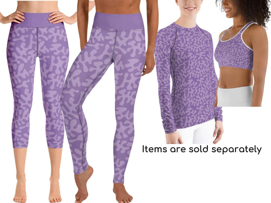 Purple Coral Yoga Shirt, Yoga Pants, Women Capris, Summer Apparel, Surfing Clothing, BeachWear, Gift for Her, Pattern Leggings