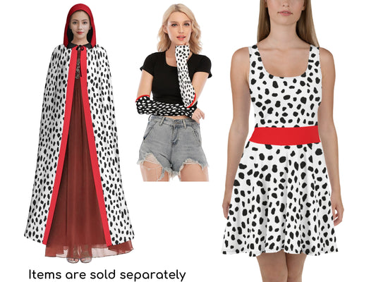 Cruel lady De Vil Inspired Unisex Hooded Cloak/Cape, Skater Dress, Fingerless Gloves, Gift for Her, Halloween, Cosplay, Bound, Dalmatians