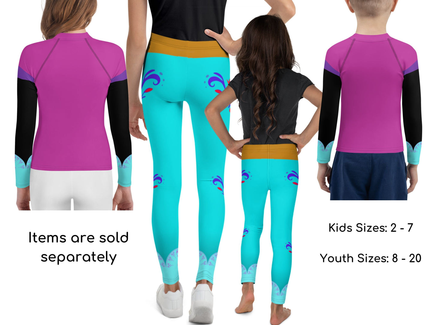 Frozen Elsa Inspired Youths & Kids Leggings and Rash Guard, Halloween Costume, Gift for Toddlers