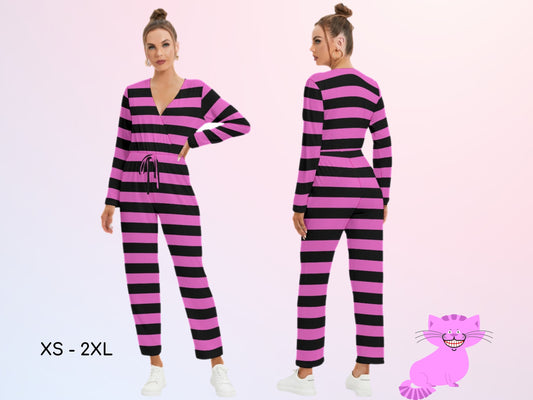 Alice in Wonderland, Cheshire Cat Jumpsuit with Belt, Pink & Black, Gift for Her, Halloween, Cosplay, Mad Hatter Tea Party, Birthday Gift