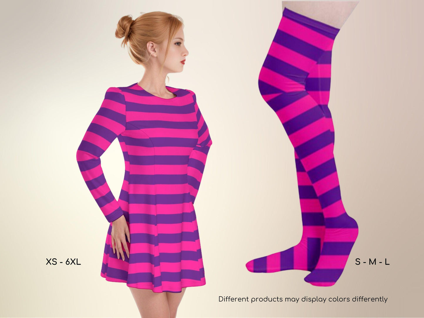 a woman in a pink and purple striped dress and knee high socks