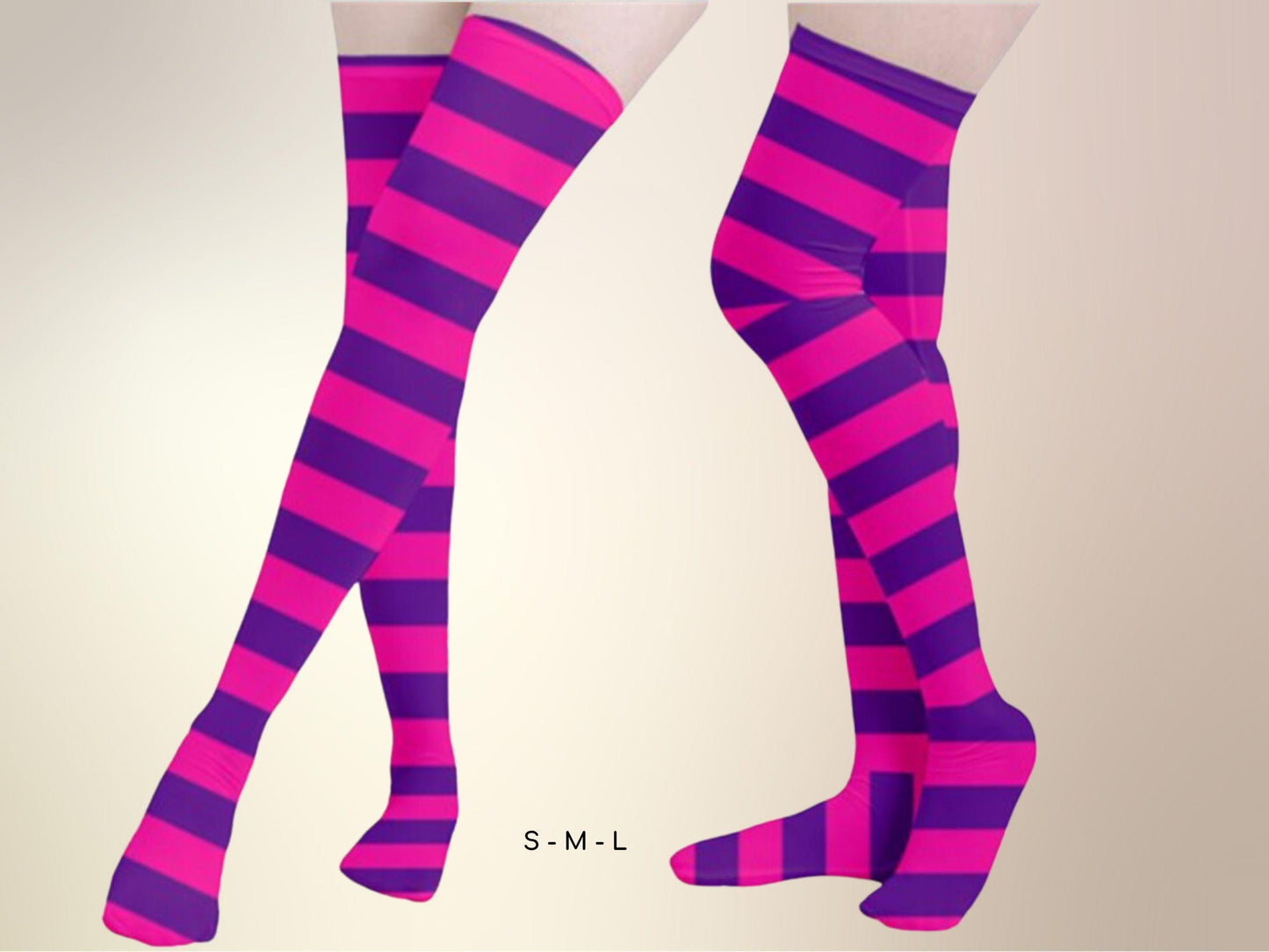 a pair of women&#39;s thigh high socks with pink and purple stripes