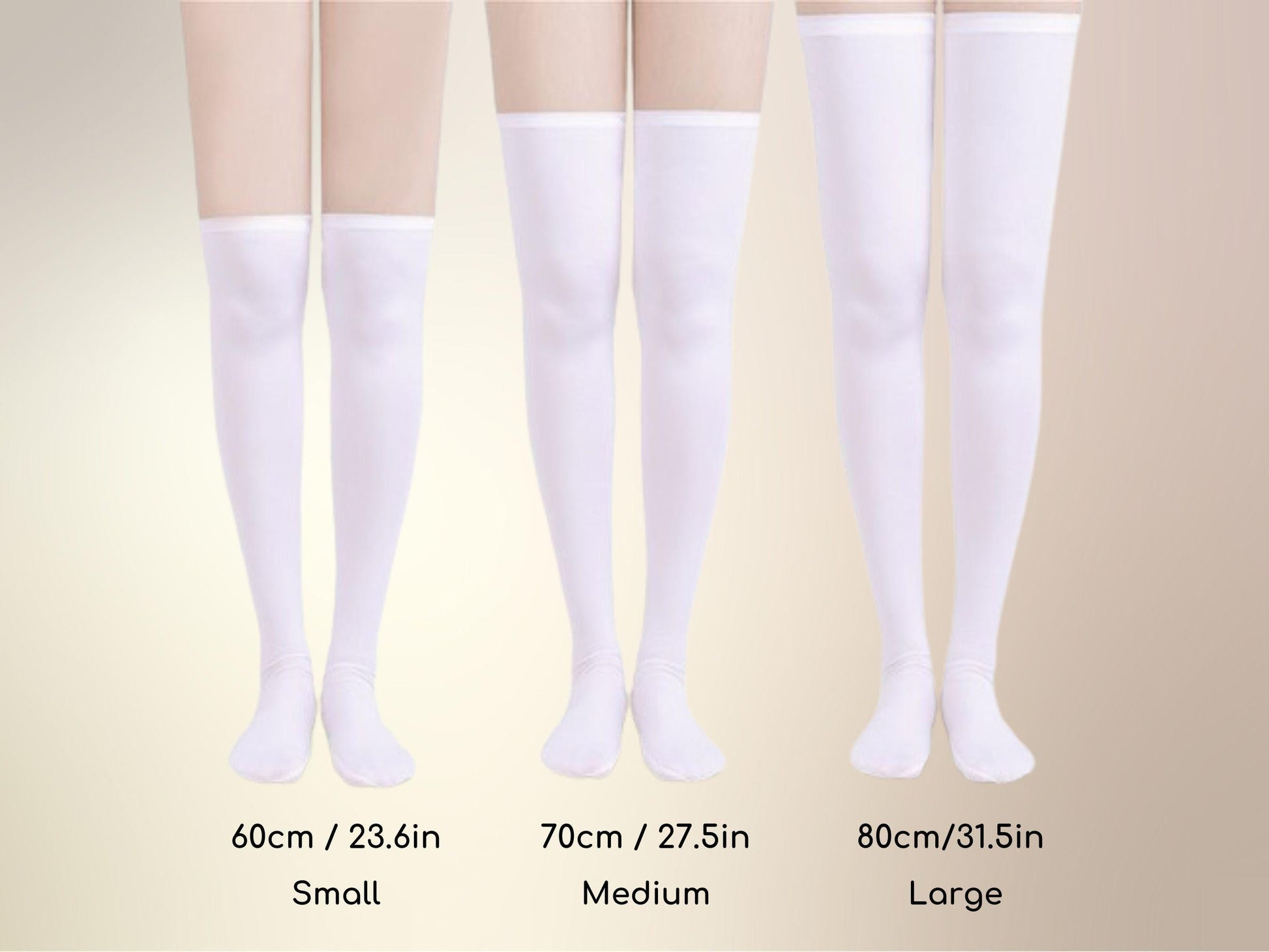 a pair of white thigh high socks with measurements