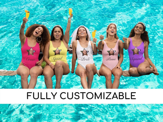 Bachelorette Party Bride Squad with Stars Swimsuit Women Photo Face Bride Swimwear Fiance Pool Beach Bathing Gift Swim Squad Party Outfit
