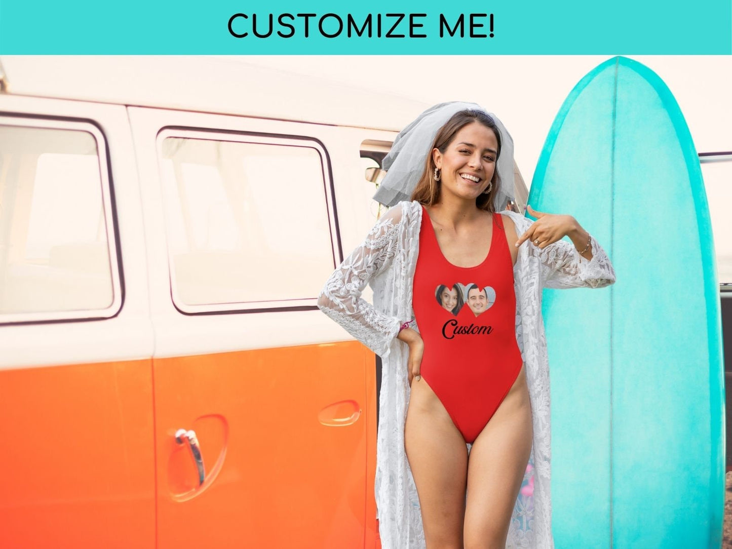 Personalize Bachelorette Party Bride Squad with Hearts Swimsuit Women Photo Face Bride Swimwear Pool Beach Bathing Swim Squad Party Outfit