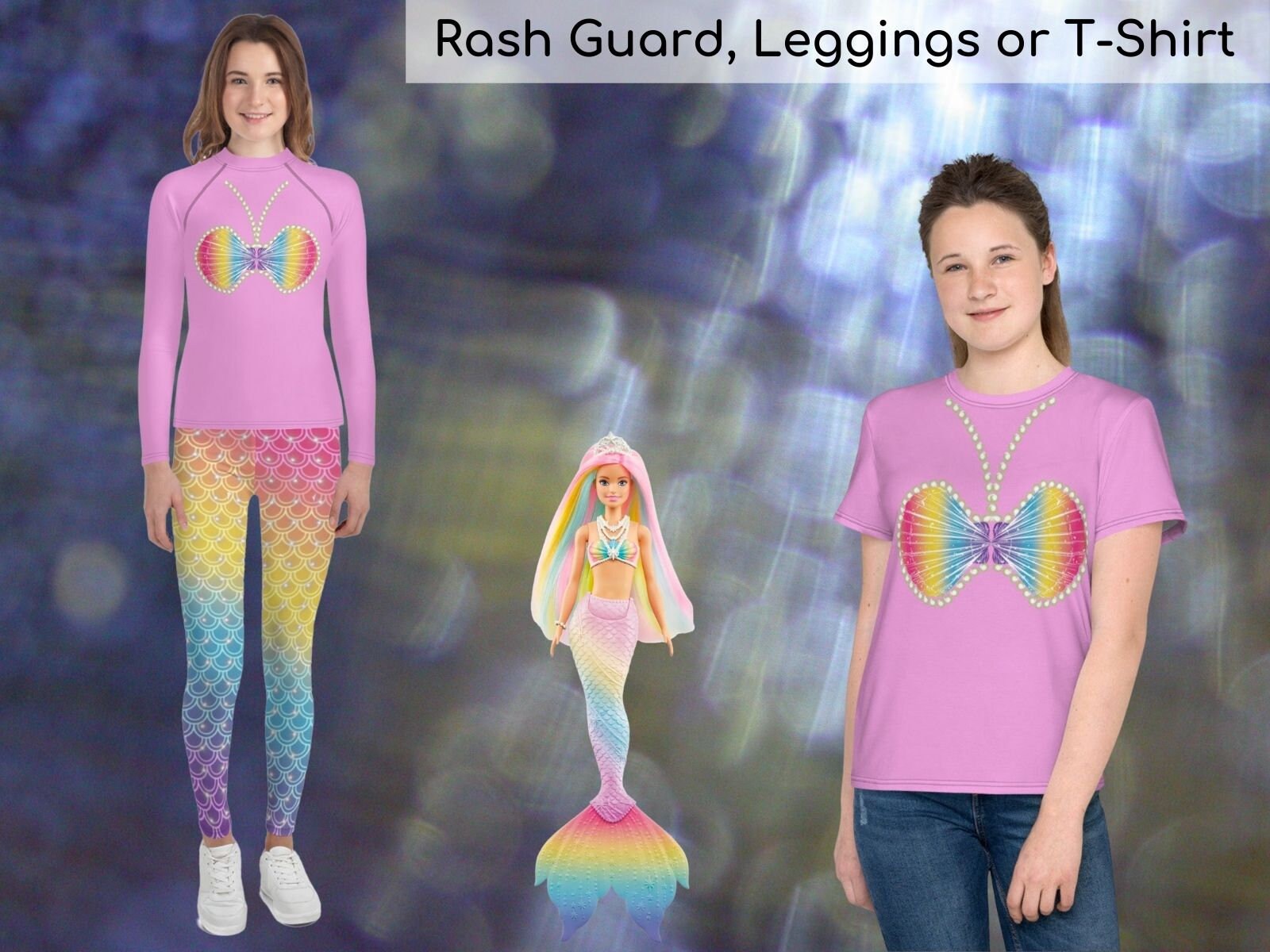 Barbie Mermaid Dream Kids Cosplay Leggings Halloween Toddler Costume Seashells Teens Rash Guard T-Shirt Children Party Birthday Gift Outfit - Chloe Lambertin