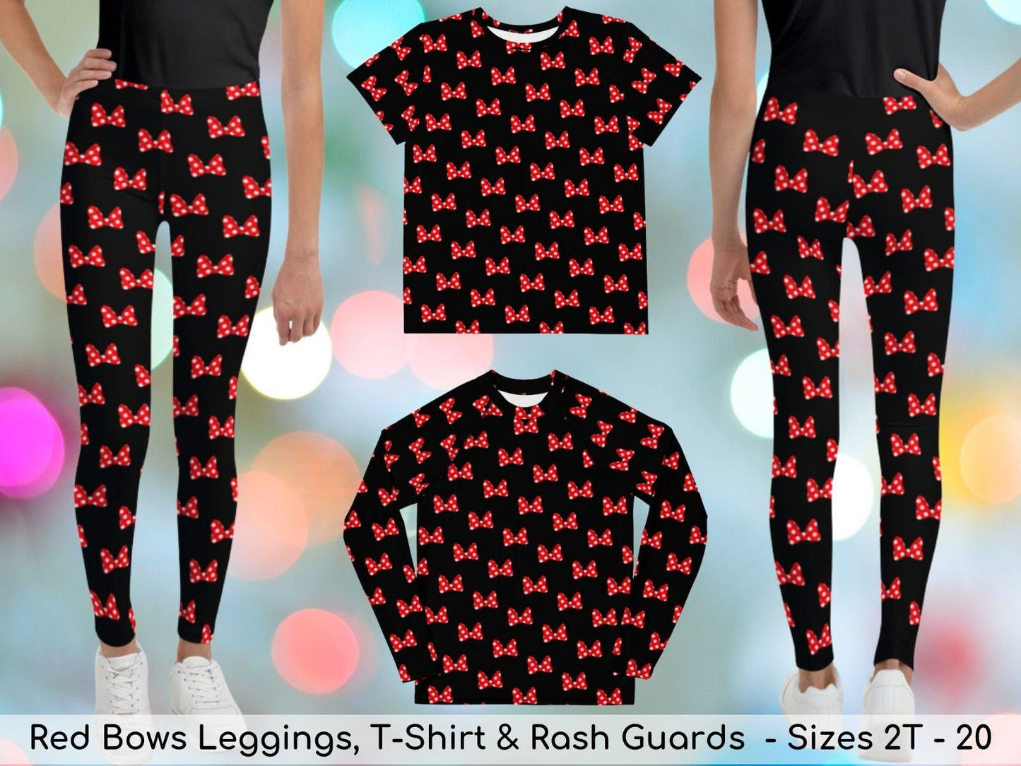 Minnie Inspired Leggings, Red Bows, Toddlers, Kids & Youth Leggings, Yoga Pants, Rash Guards, T-Shirts, Cosplay Costume, Halloween costume