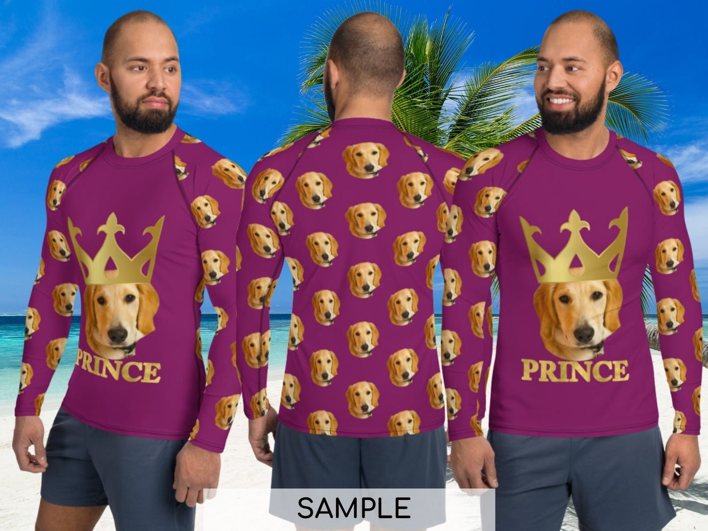 Custom Man Rash Guards Cat Dog Pets Crown Photo Athletic Workout Activewear Personalized Gift Men Boyfriend Birthday Party Surfing Beach