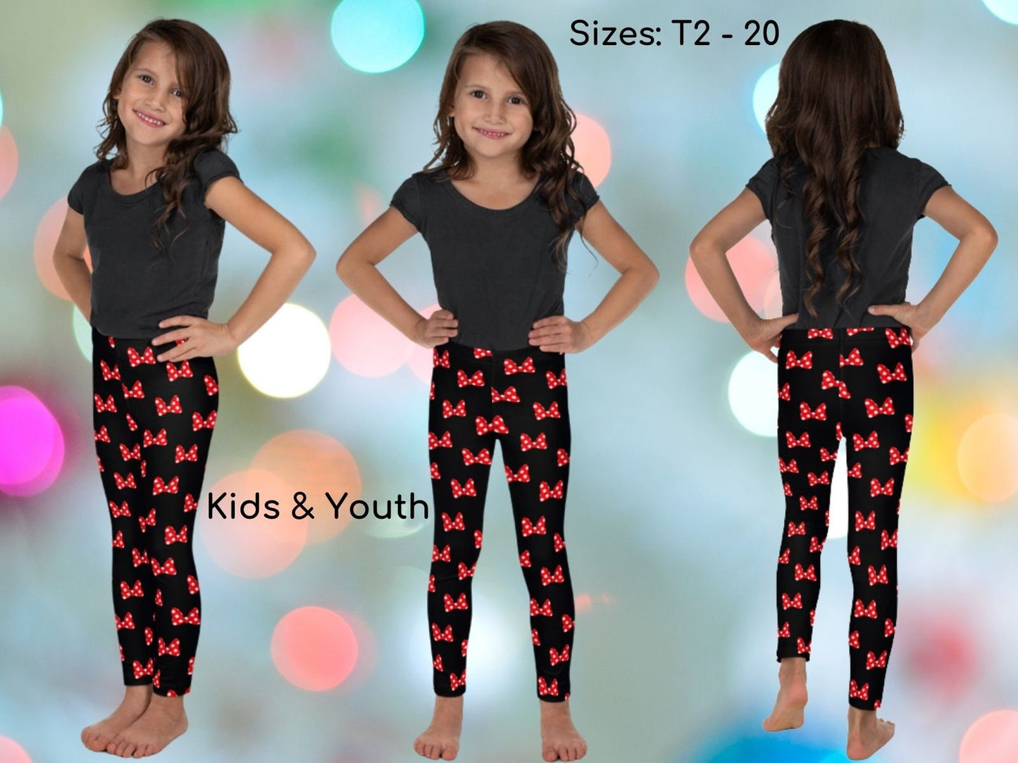 Minnie Inspired Leggings, Red Bows, Toddlers, Kids & Youth Leggings, Yoga Pants, Rash Guards, T-Shirts, Cosplay Costume, Halloween costume