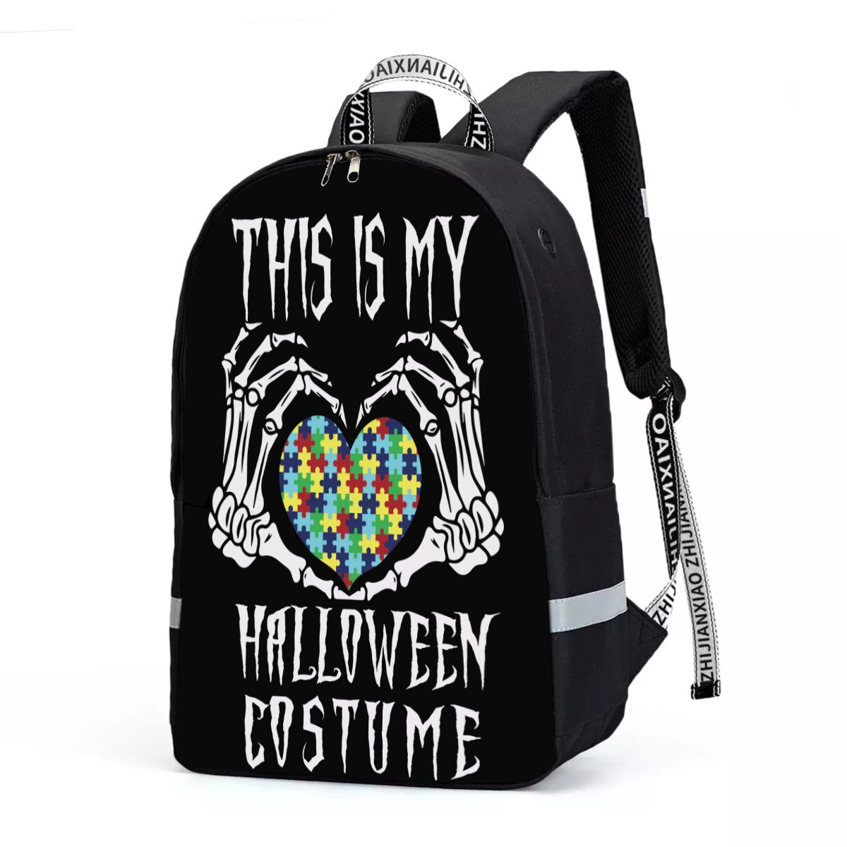 Dabbing Halloween Skeleton Autism Awareness Backpack With Reflective Bar - Chloe Lambertin