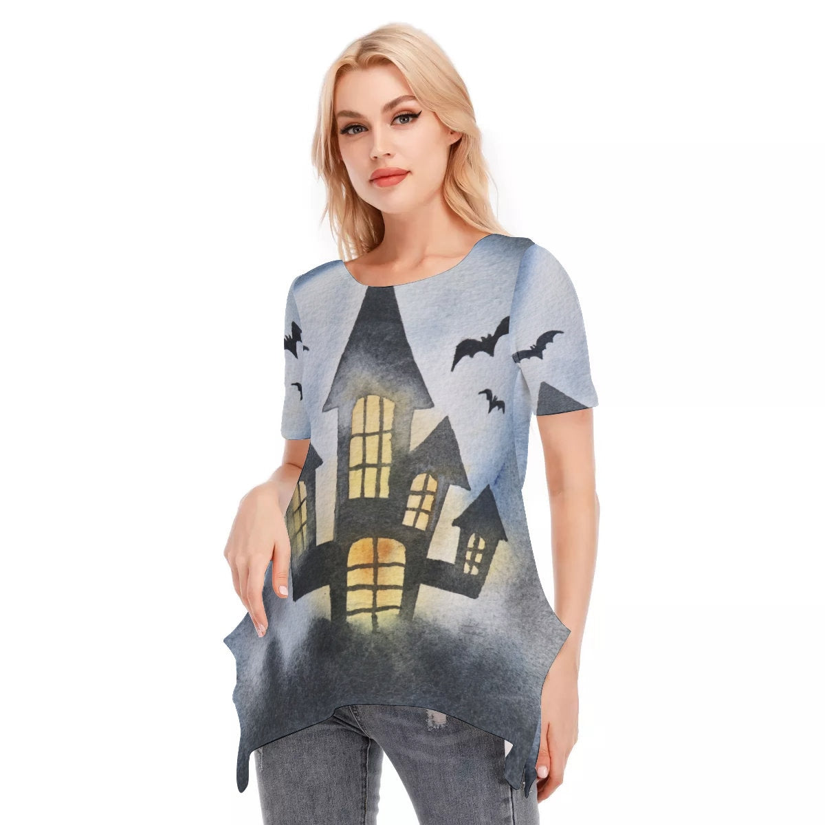 Halloween Haunted House Women's O-neck Short Sleeve T-shirt | Cotton - Chloe Lambertin