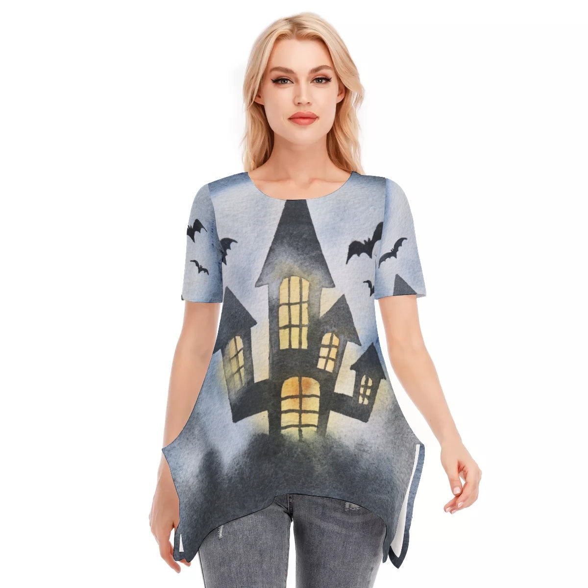 Halloween Haunted House Women's O-neck Short Sleeve T-shirt | Cotton - Chloe Lambertin