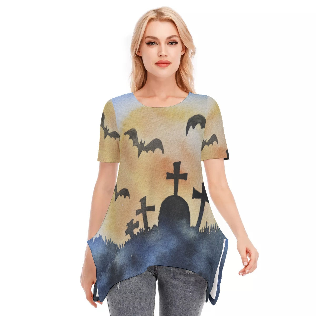 Halloween Spooky Cemetery Women's O-neck Short Sleeve T-shirt | Cotton - Chloe Lambertin