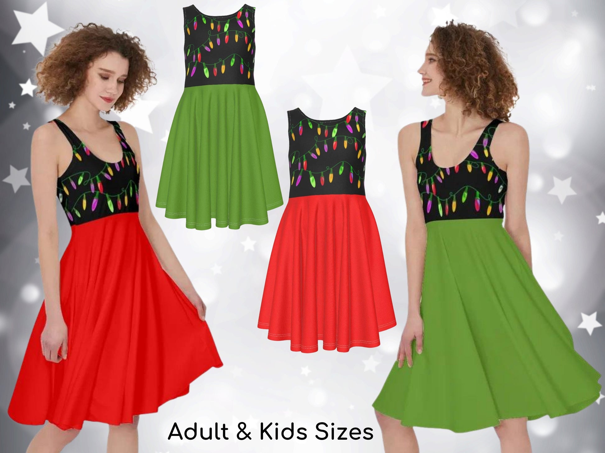 Christmas Dress Skater Style for Adults & Kids in Red and Green, Christmas Lights, Christmas Party, Christmas Present, Birthday Gift, - Chloe Lambertin