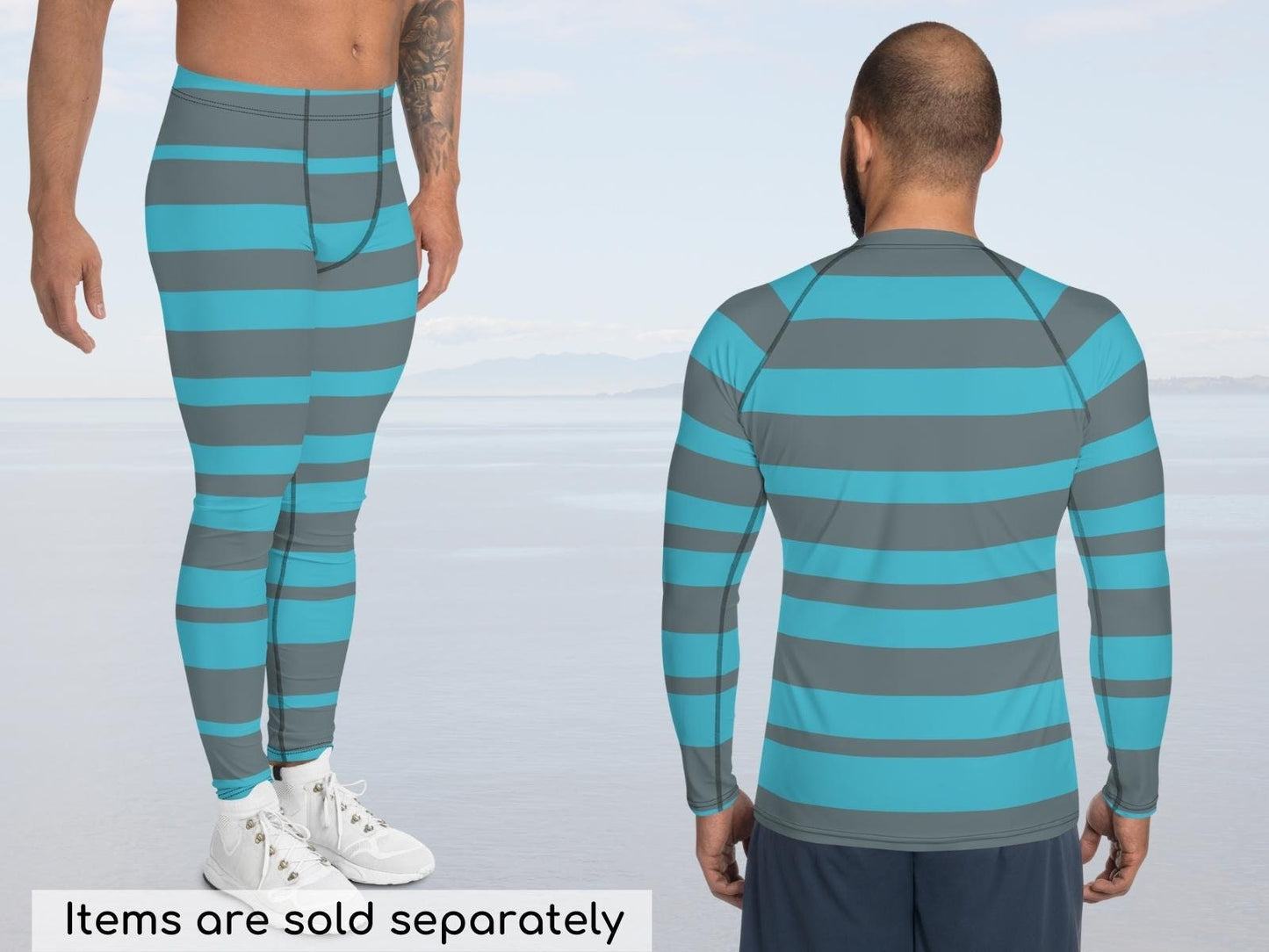 Blue Cheshire Cat Men's Rash Guard and Pants, Alice in Wonderland Party, Cosplay, Striped Halloween Costume