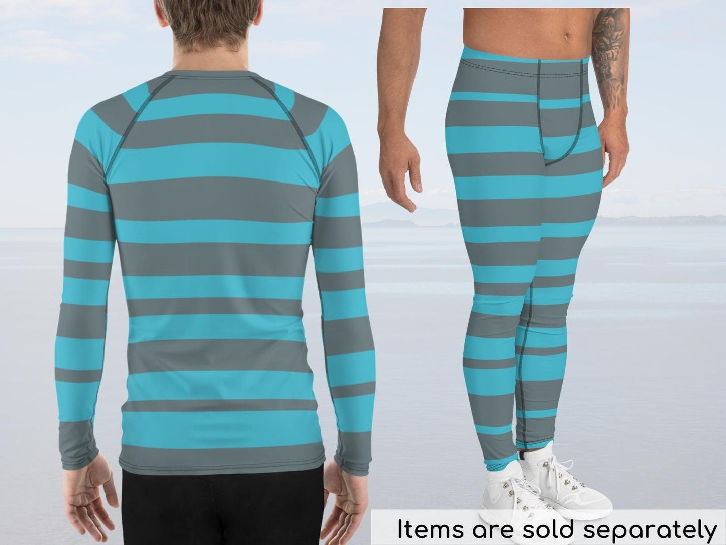 Blue Cheshire Cat Men's Rash Guard and Pants, Alice in Wonderland Party, Cosplay, Striped Halloween Costume