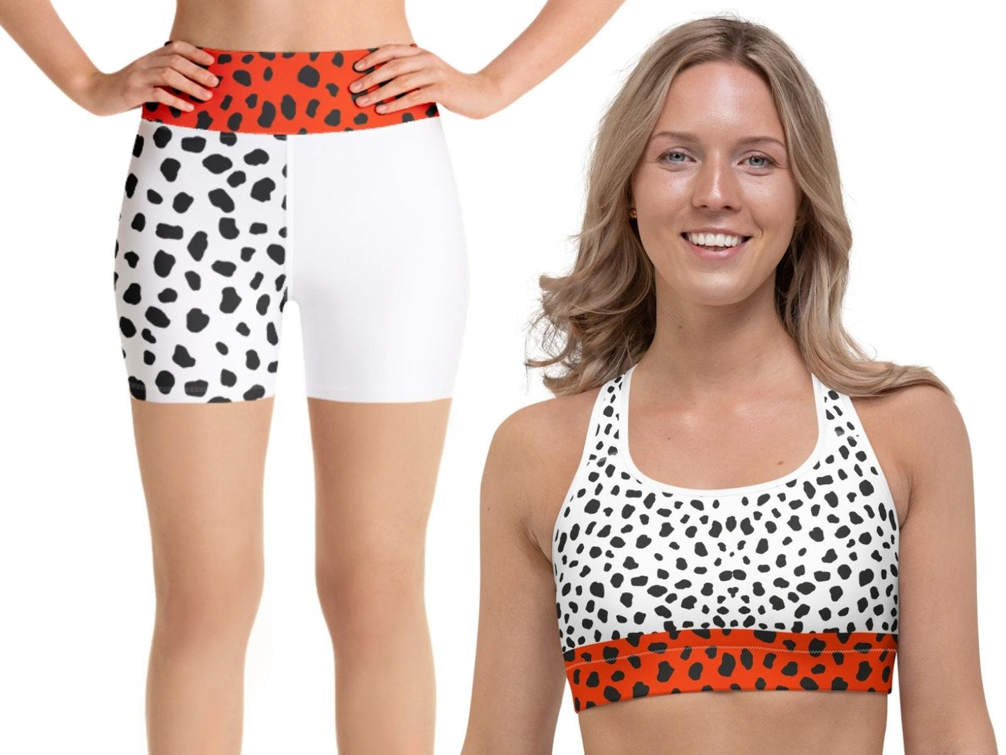 Cruel lady Inspired Sports Bra and Yoga Shorts, Dalmatians,