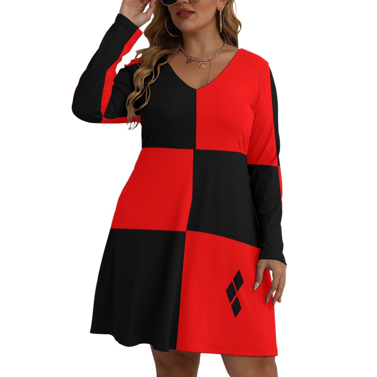 Queen of Diamonds Plus Size Harlequin Women's V-neck Long Sleeve Dress (Plus Size), Cosplay Dress, Halloween dress, Sexy BBW, Gift for Her