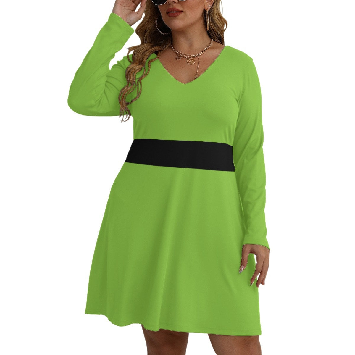 Buttercup PPG Anime Girls Plus Size Women's V-neck Long Sleeve Dress, 90s Cartoon, Sexy BBW, Gift for Her, Adult Halloween Costume, Cosplay