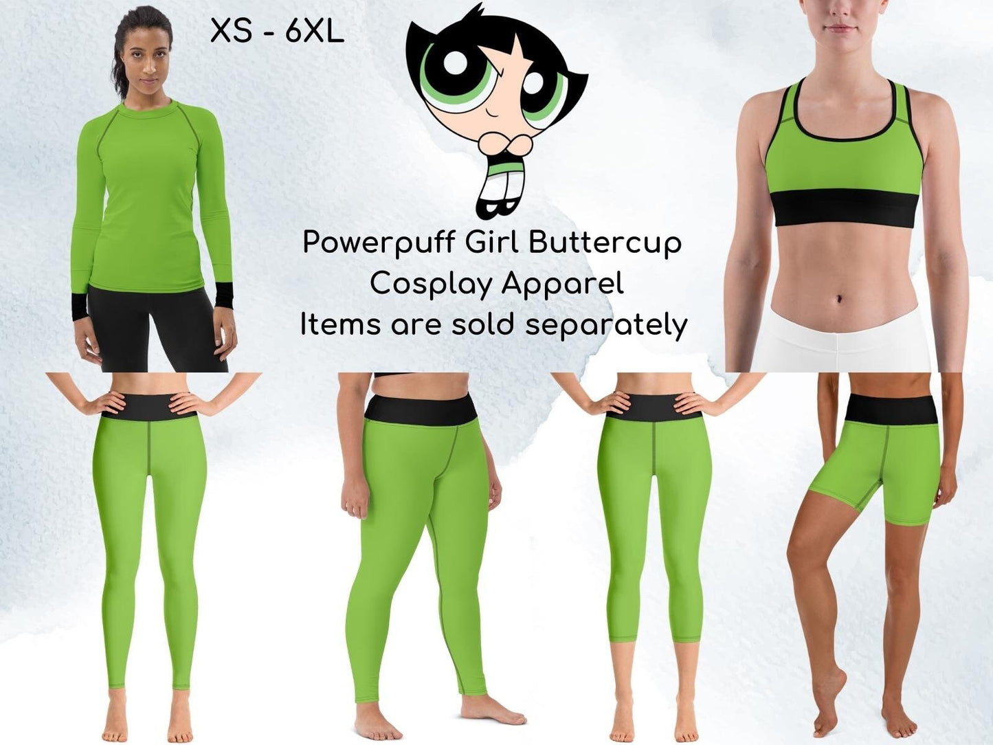 Anime Girls Buttercup Inspired Athletic Clothing, Yoga Leggings, Yoga Capris, Rash Guard, Sports Bra, Shorts, 90's Cartoon, Superhero