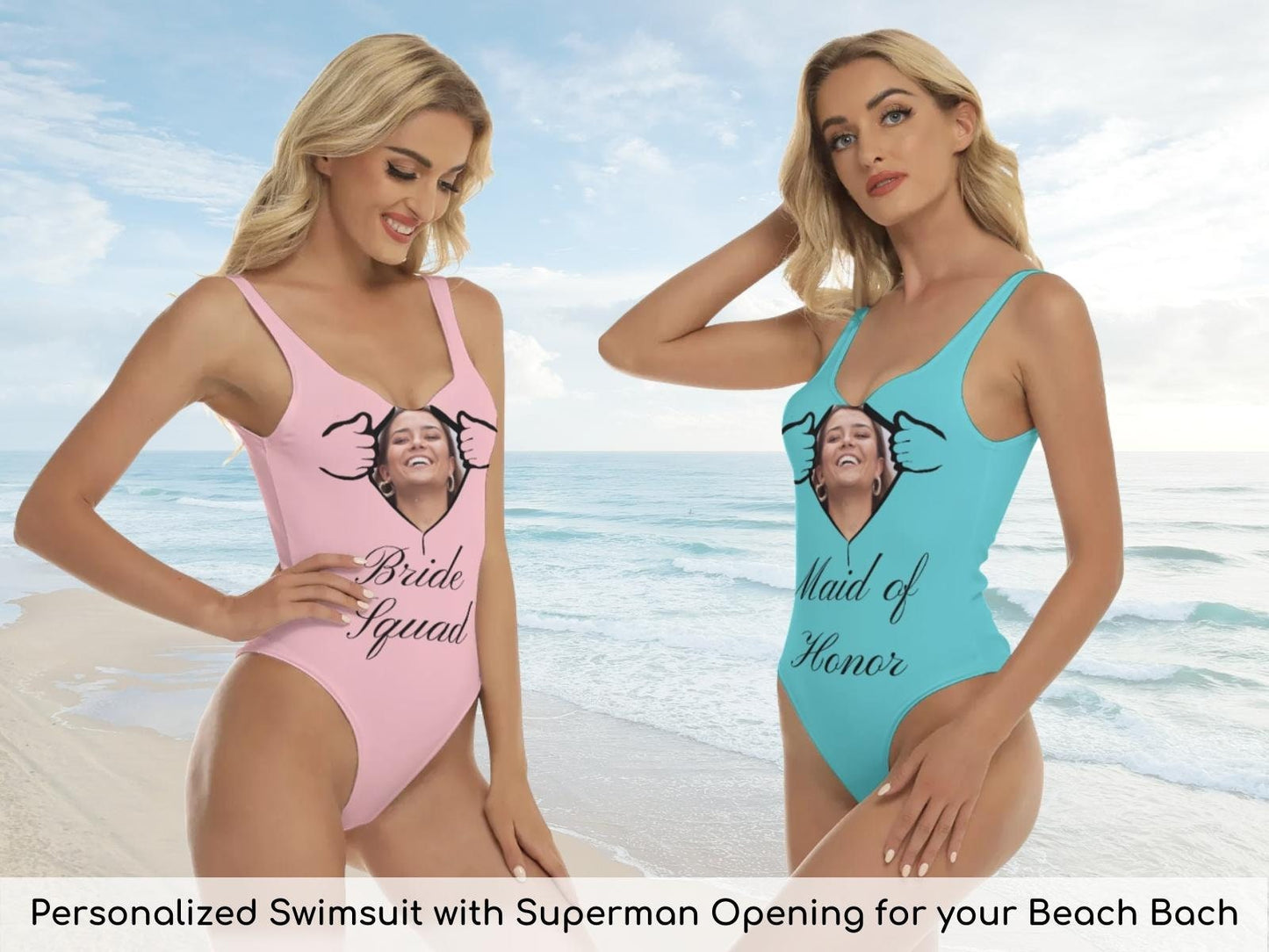 Custom Swimsuits, Custom Bachelorette Party Swimsuits w/ Super Hero Opening, Personalized Gift, Bridesmaids, Bride Squad, Beach Bachelorette