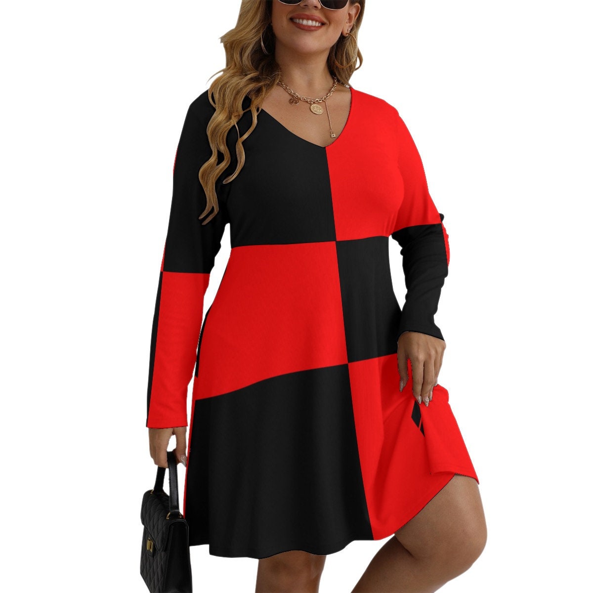 Queen of Diamonds Plus Size Harlequin Women's V-neck Long Sleeve Dress (Plus Size), Cosplay Dress, Halloween dress, Sexy BBW, Gift for Her