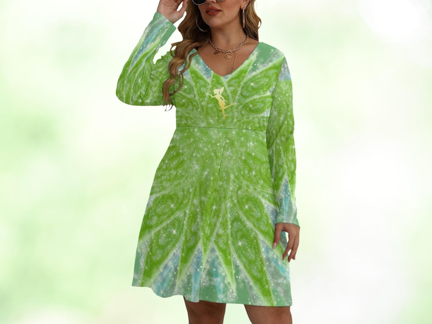 Tinkerbell Inspired Plus Size Women's V-neck Long Sleeve Dress With or Without Gold Fairy, Gift for Her, Adult Halloween Costume, Sexy BBW