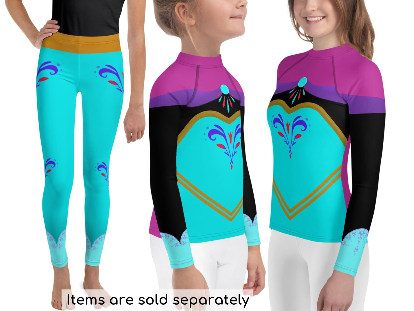 Frozen Elsa Inspired Youths & Kids Leggings and Rash Guard, Halloween Costume, Gift for Toddlers