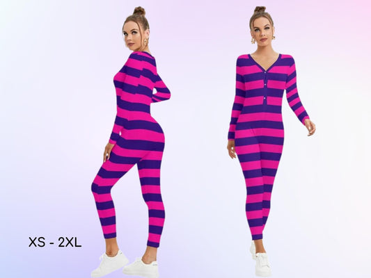 Alice in Wonderland Cheshire Cat Inspired Women's Plunging Neck Jumpsuit, Cosplay, Adult Halloween Costume, Gift for Her, Cosplay Catsuit