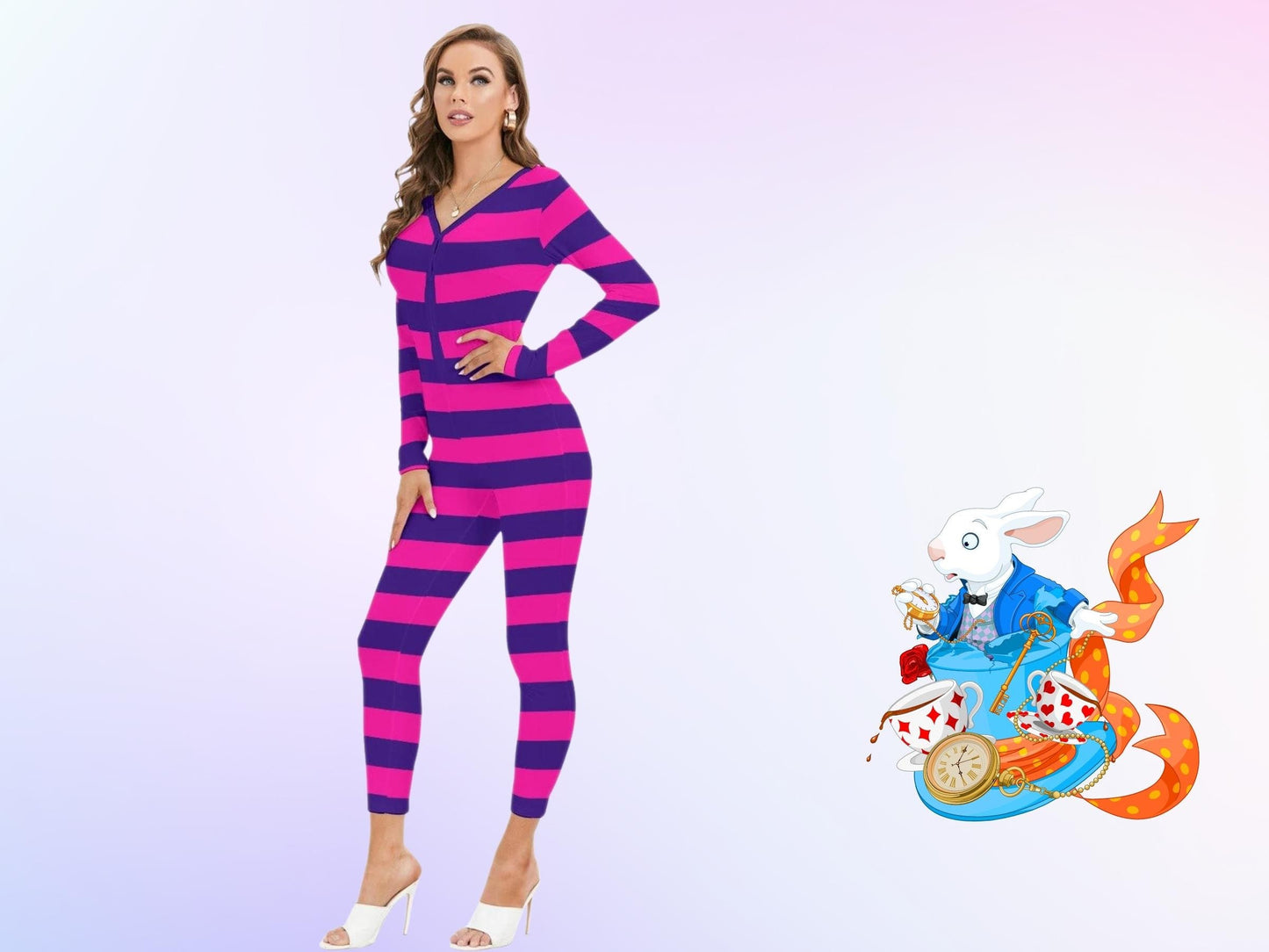 Alice in Wonderland Cheshire Cat Inspired Women's Plunging Neck Jumpsuit, Cosplay, Adult Halloween Costume, Gift for Her, Cosplay Catsuit