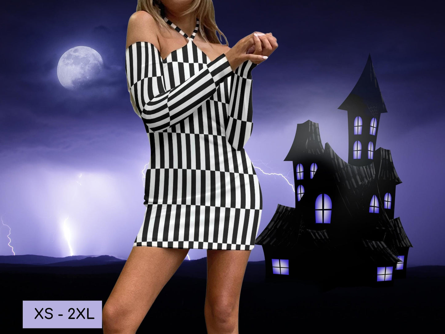 BeetleJuice Inspired Sexy Women's Halter Lace-up Dress, Cosplay Dress, Adult Halloween Costume, Gift for Her, Halloween Dress, Fantasy