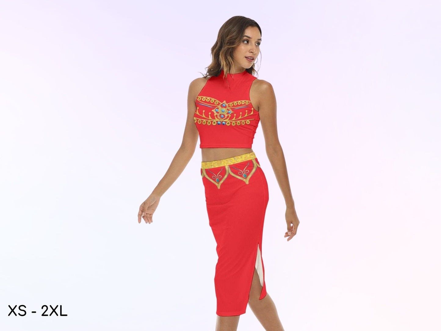 Jasmine Princess Red & Gold Women's Tank Top Split High Skirt Set, Gift for Her, Halloween Adult Costume, Bound, Halloween, Aladdin Costume