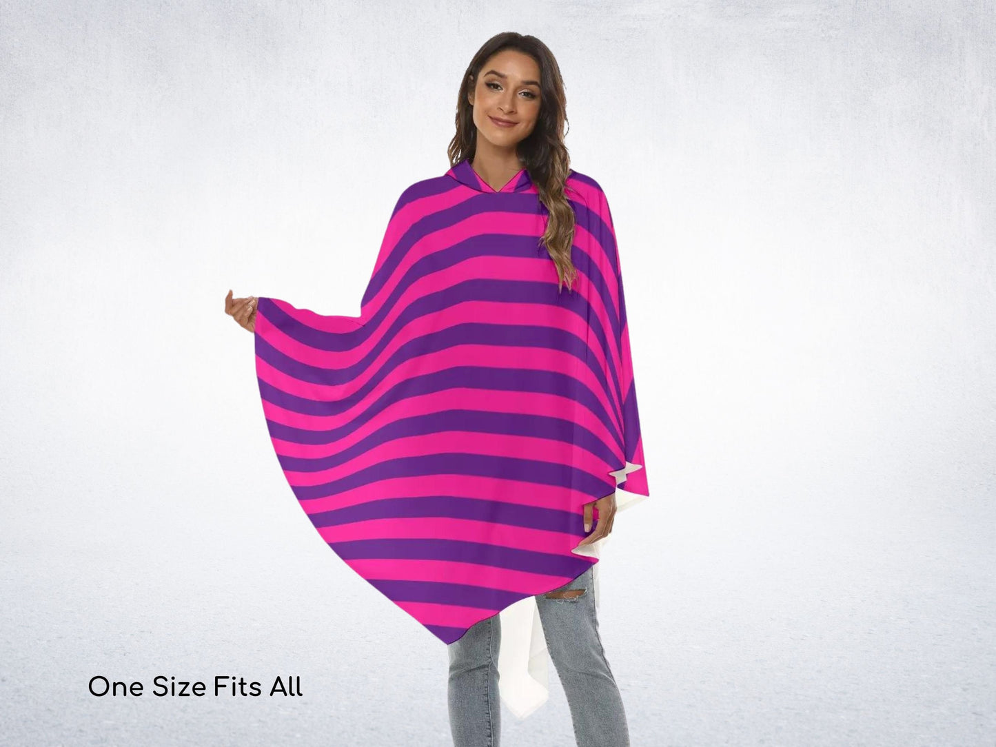 Cheshire Cat Alice in Wonderland Lightweight Cloak with Hood, Poncho, Mad Hatter, Halloween Adult Costume, Cosplay