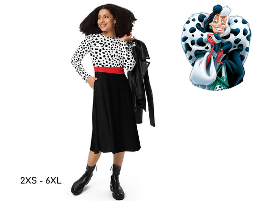 Cruel lady Long Sleeved Skater Dress, Halloween Adult Costume, Halloween Dress, Gift for Her, Cosplay, 101 Dalmatians, Villain