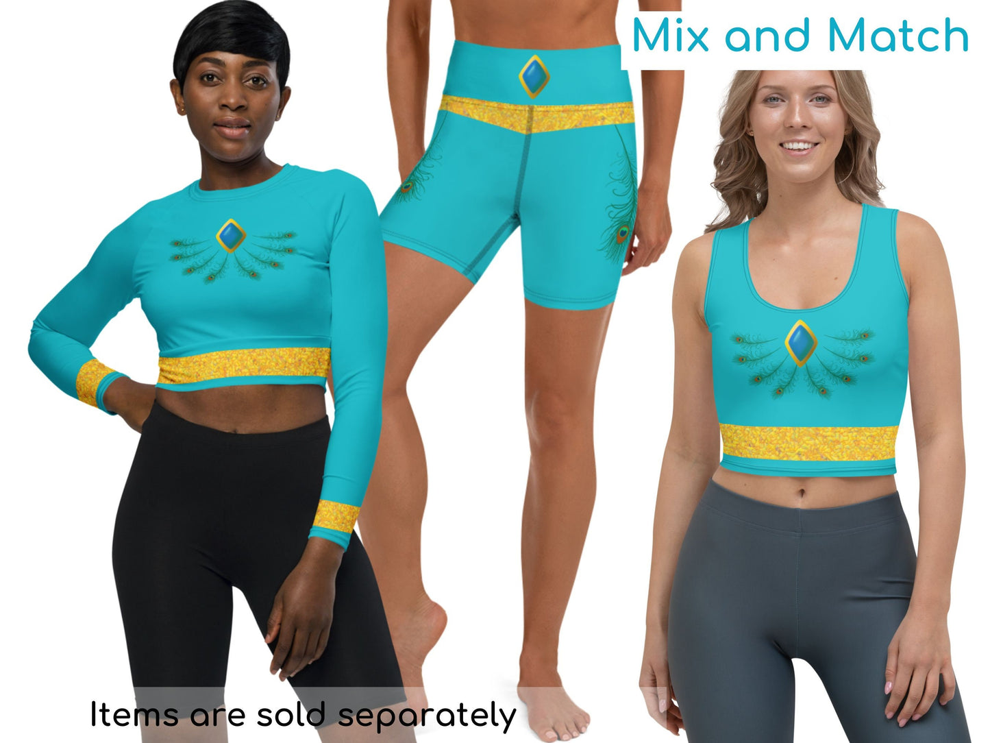 Jasmine Aladdin Inspired Sports Set, Crop Top, Long Sleeve Crop top & Yoga Shorts, Gift for Her, Christmas Gift, Cosplay, Halloween, Bound