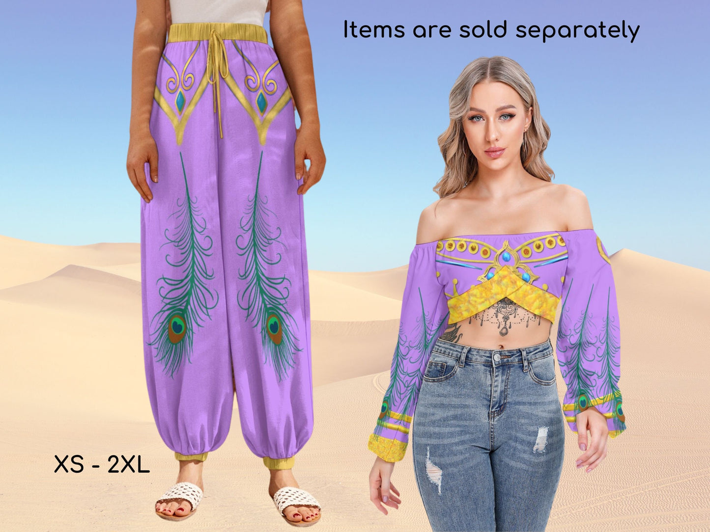 Princess Jasmine Inspired Purple Gold Accents Women's Pants & matchings Tops, Cosplay, Birthday Party, Adult Halloween Costume, Gift for Her