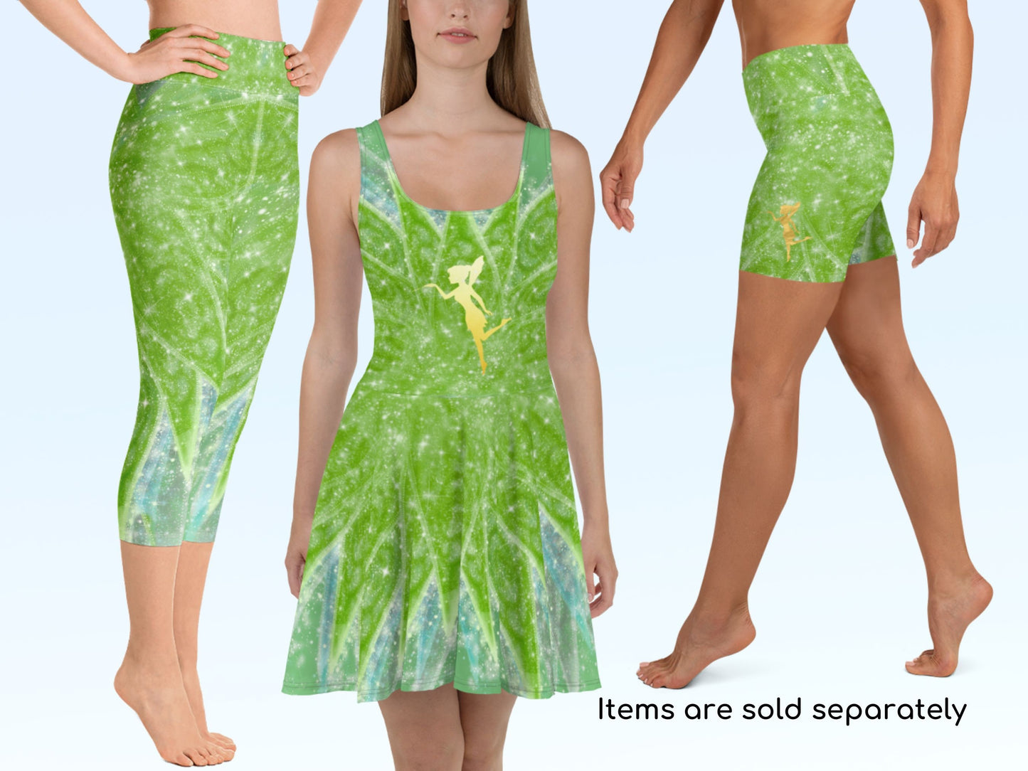 TinkerBell Fairy Inspired Skater Dress Yoga Capris & Shorts Running Costume Activewear Princess Halloween Cosplay Gift for Her Birthday