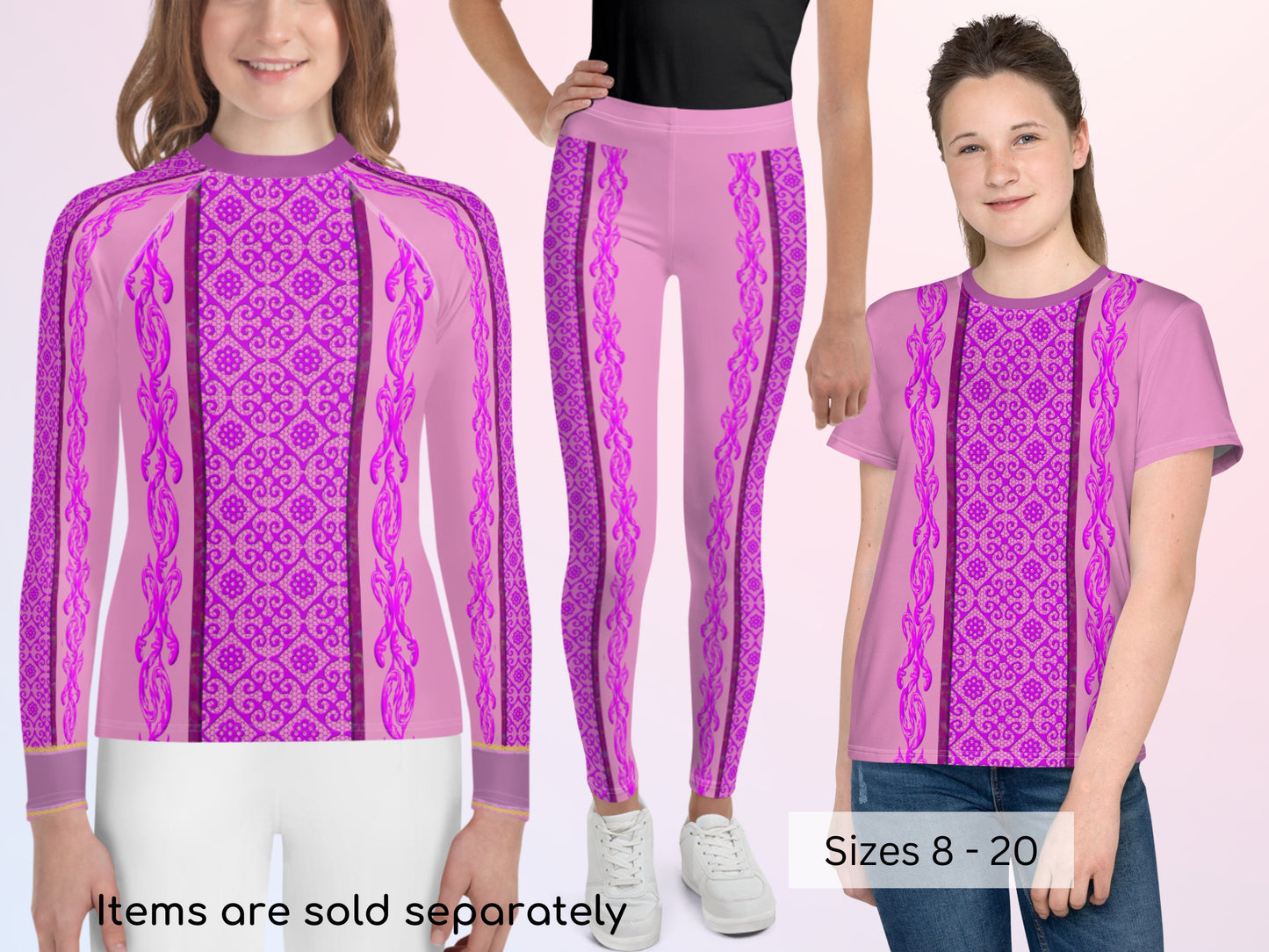 Rapunzel Tangled Youth Sports Set Rash Guard & Leggings Halloween Cosplay Gift for Her Birthday Gift Birthday Party Sun Protection