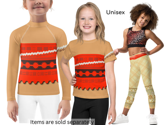 Moana Inspired Unisex Kids Athletic Costume Rash Guard Surfing T-Shirt Leggings Halloween Cosplay Princess Birthday Gift Character Outfit