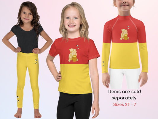 Winnie the Pooh Unisex Kids Athletic Costume, Rash Guard, T-Shirt, Leggings, Gift for Her, Halloween, Cosplay, Princess, Birthday Gift,
